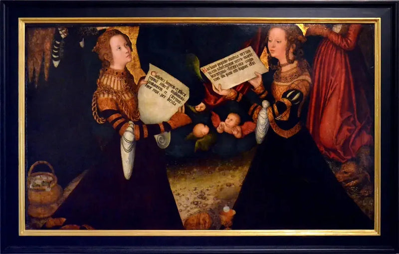 Retábulo de Praga [painel central, fragmento] : Santa Catarina e Santa Bárbara com fragmentos das figuras de Santa Doroteia e Santa Margarida - Lucas Cranach, o Velho