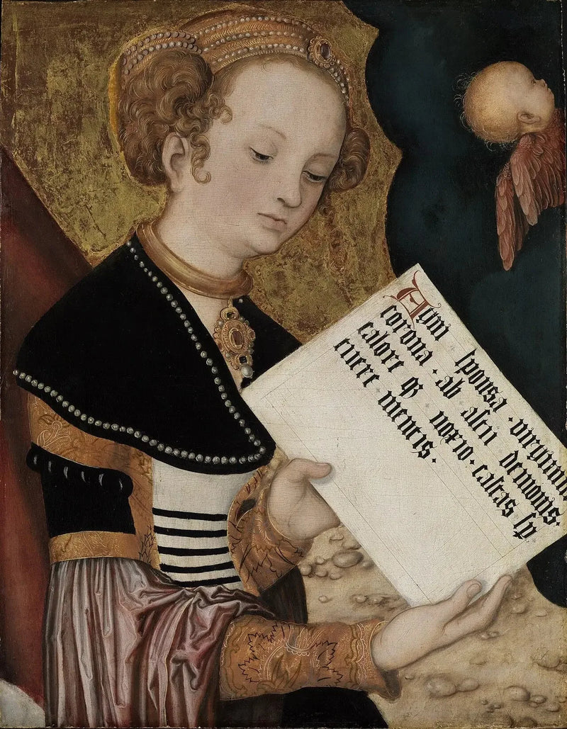Retábulo de Praga, Santa (Agnês?) com uma página - Lucas Cranach, o Velho