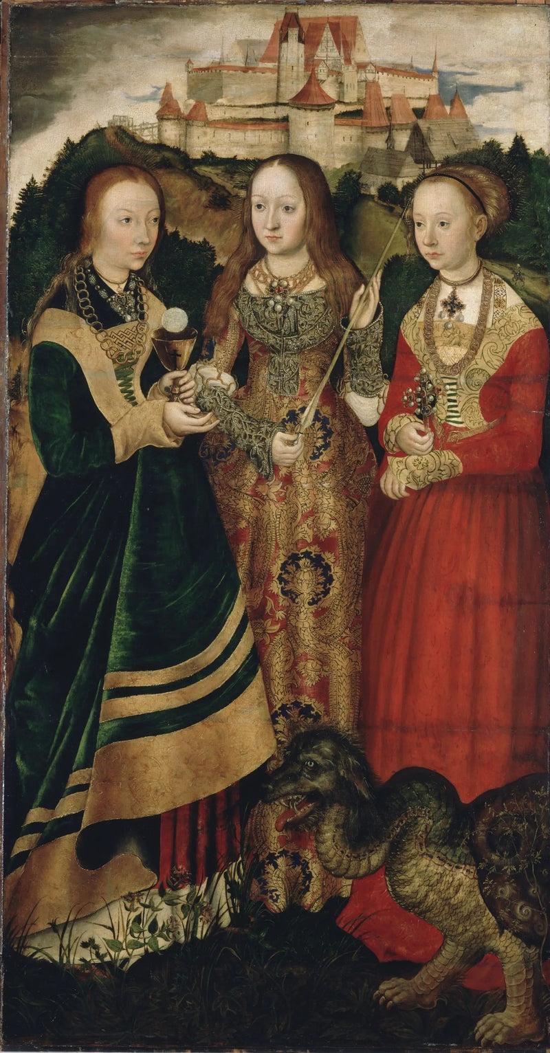 Retábulo do Martírio de Santa Catarina: Santa Bárbara, Santa Úrsula, Santa Margarida [ala direita, recto] - Lucas Cranach, o Velho