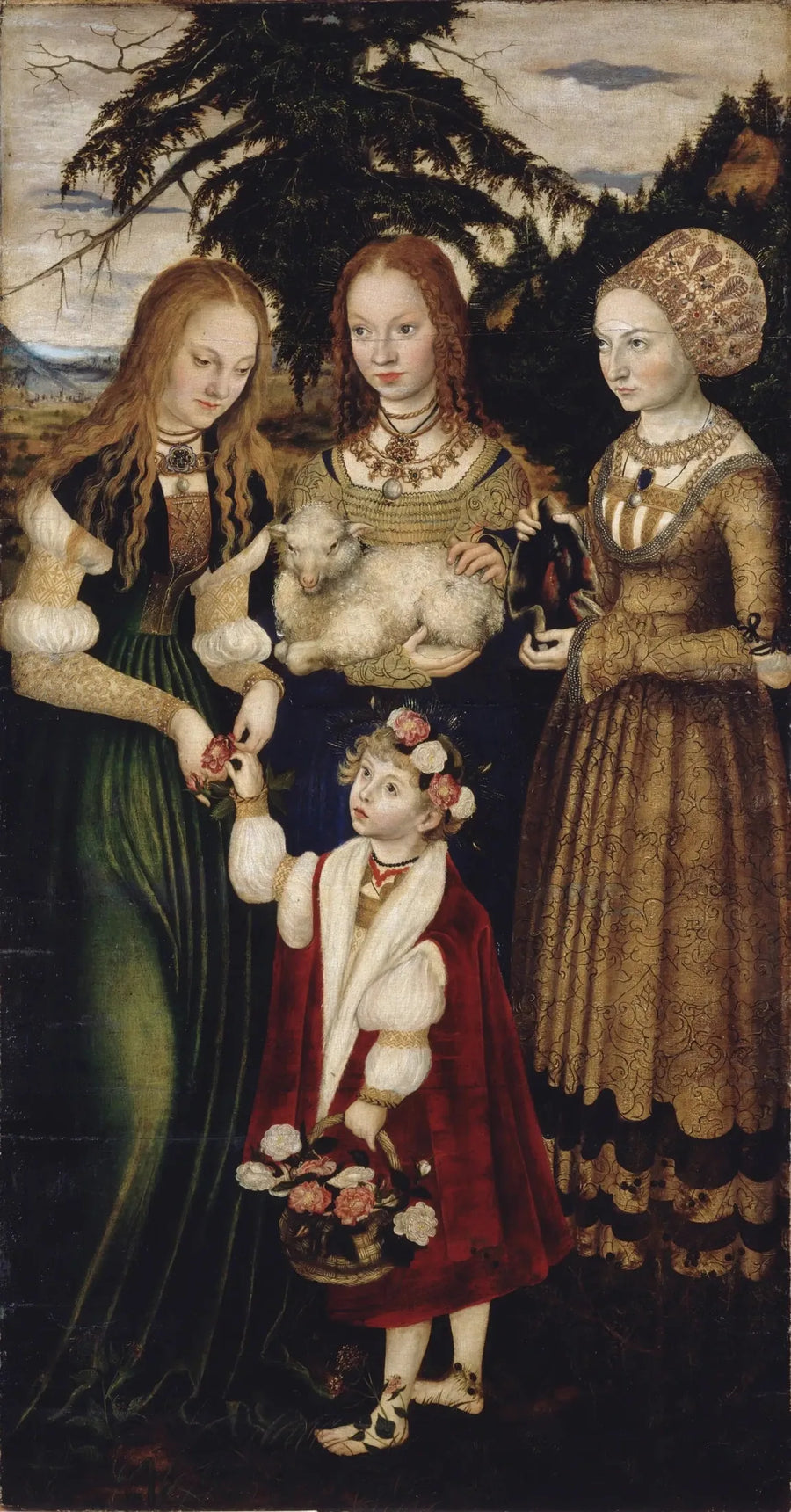 Retábulo da Martyrização de Santa Catarina: Santa Doroteia, Santa Agnes, Santa Cunegunda [ala esquerda, recto] - Lucas Cranach, o Velho