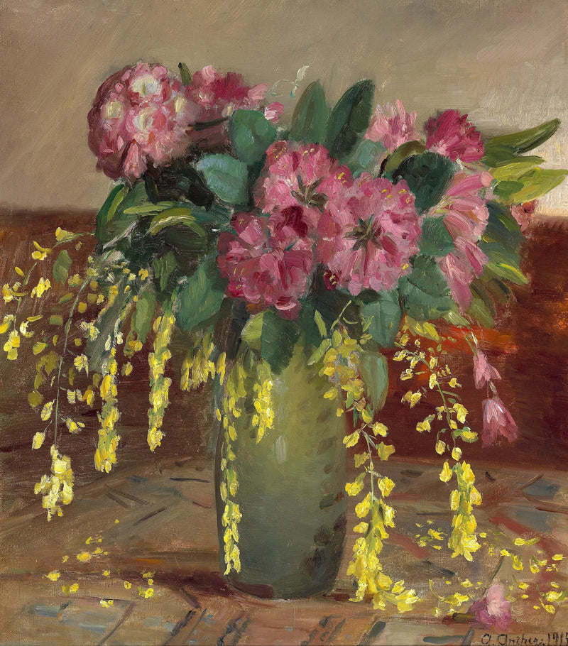 Rododendros rosas e laburnum em um vaso verde - Anna Ancher