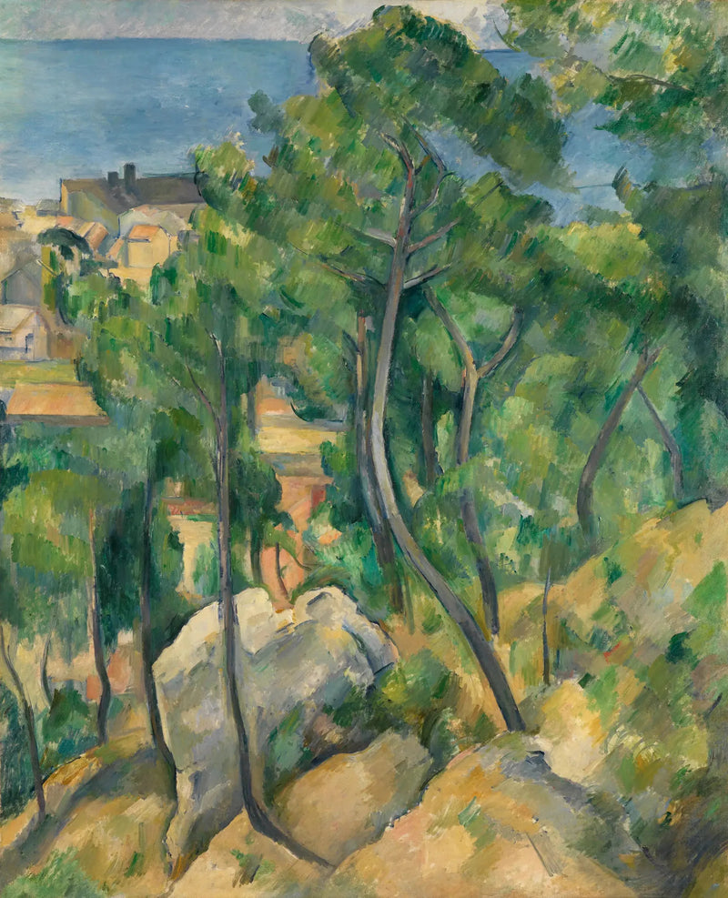 Rochas, pinheiros e mar em L'Estaque - Paul Cézanne