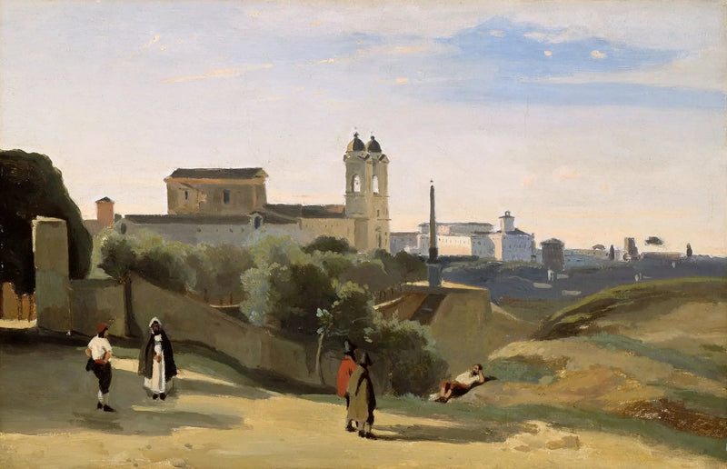 Roma Mont Pincio. A Trindade das Montanhas. Vista próxima dos jardins da Academia de França - Jean-Baptiste Camille Corot