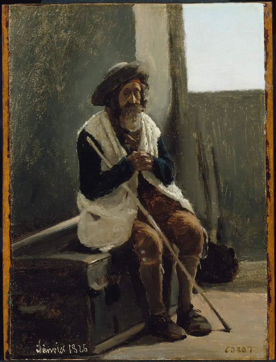 Roma, idoso sentado sobre uma mala pertencente a Corot - Jean-Baptiste Camille Corot