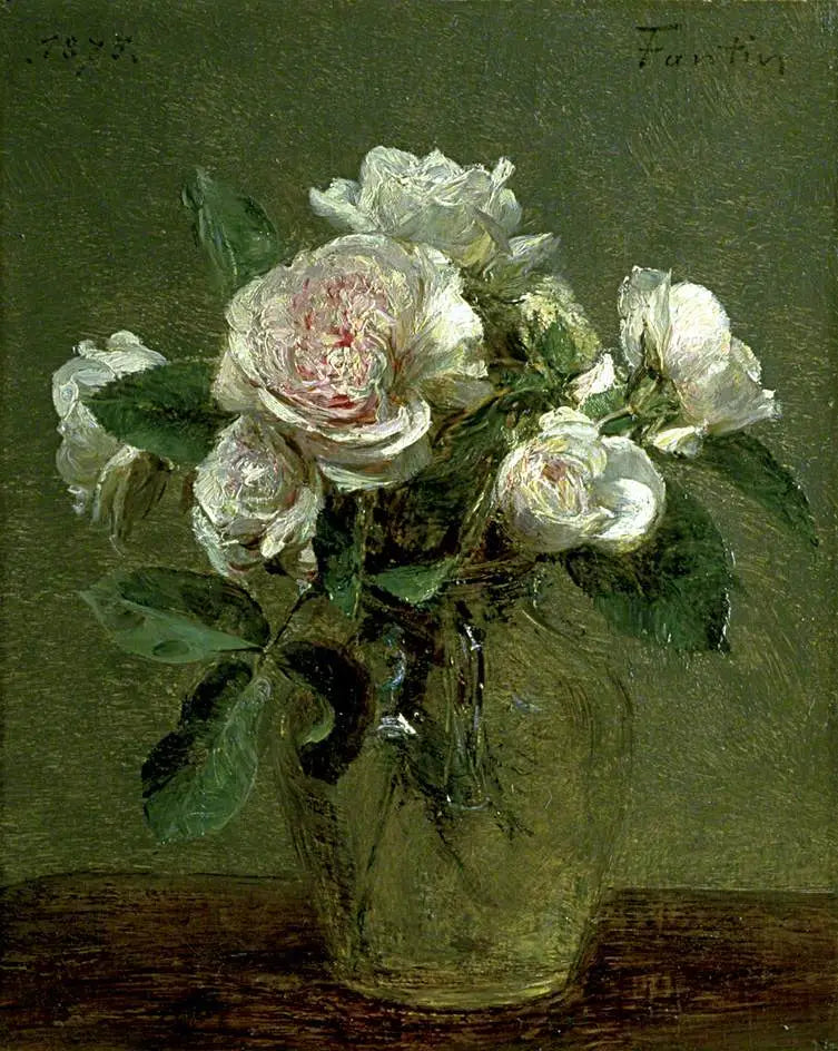 Rosas brancas em um vaso de vidro - Henri Fantin-Latour