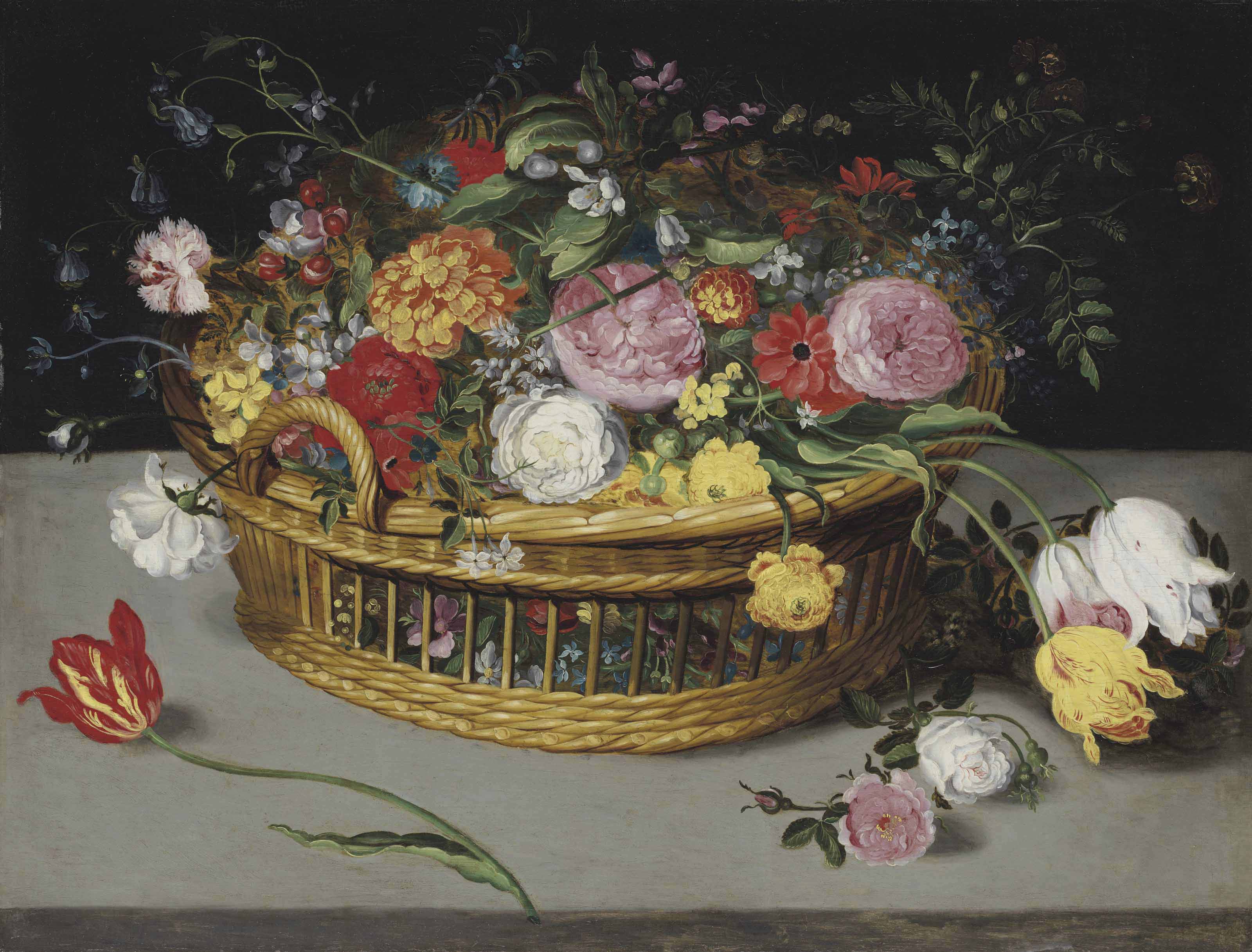 Roses, tulipes, jacinthes des bois et œillets dans un panier en osier posé sur un rebord de pierre. - Jan Brueghel le Jeune image 1 tableau peint à l’huile sur toile
