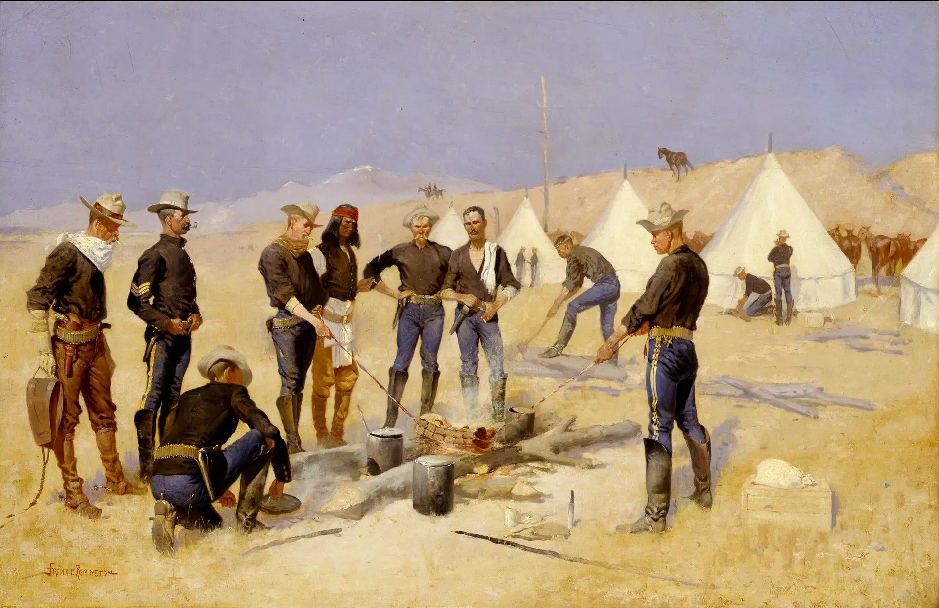 Rôtir le bœuf de Noël dans un camp de cavalerie - Frederic Remington - Alpha Reproduction