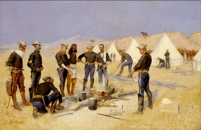 Assar o boi de Natal em um acampamento de cavalaria - Frederic Remington