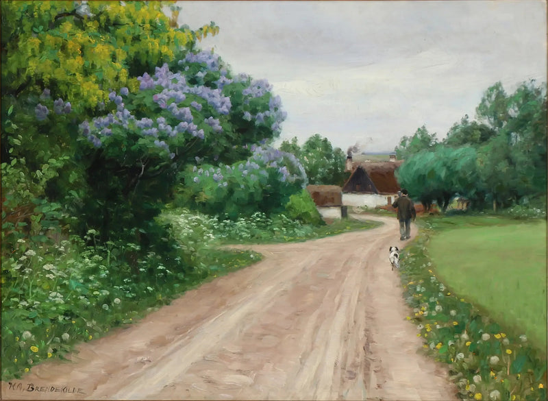 Estrada rural com lilases em flor e chuvas douradas - H. A. Brendekilde