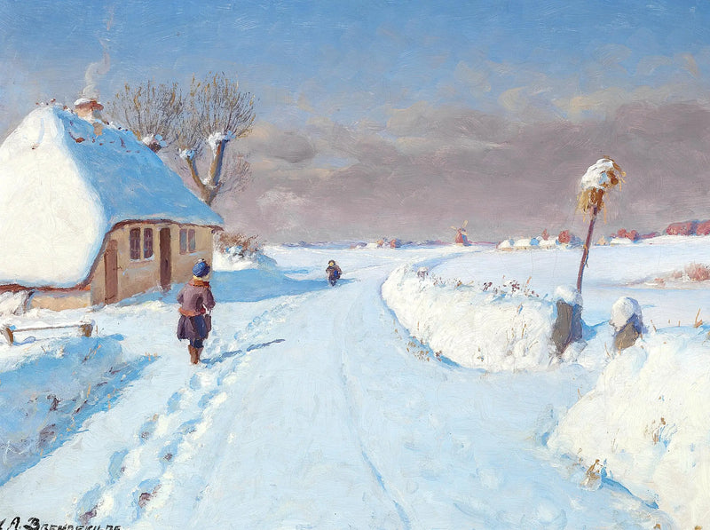 Caminho ensolarado na beira de uma aldeia, inverno (32 x 42 cm). - H. A. Brendekilde