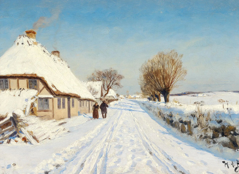 Rua ensolarada às margens de uma aldeia, inverno. - H. A. Brendekilde