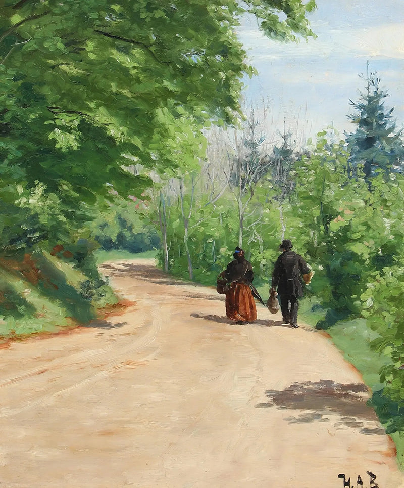 Caminho florestal na primavera com um casal caminhando. - H. A. Brendekilde
