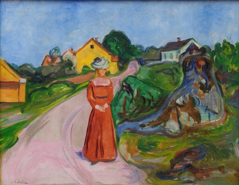 rua de Åsgårdstrand e Mulher de vestido vermelho - Edvard Munch