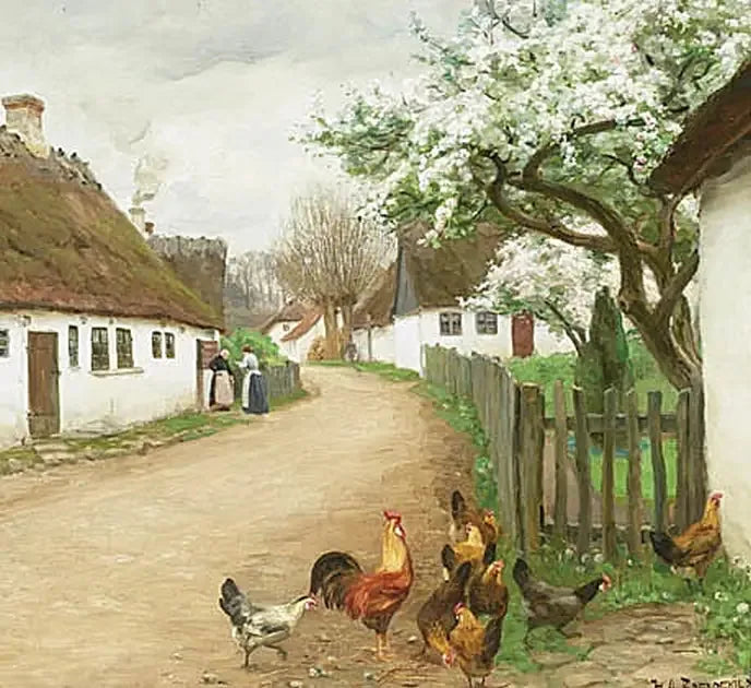 Rua da aldeia com galinhas e duas mulheres conversando. - H. A. Brendekilde