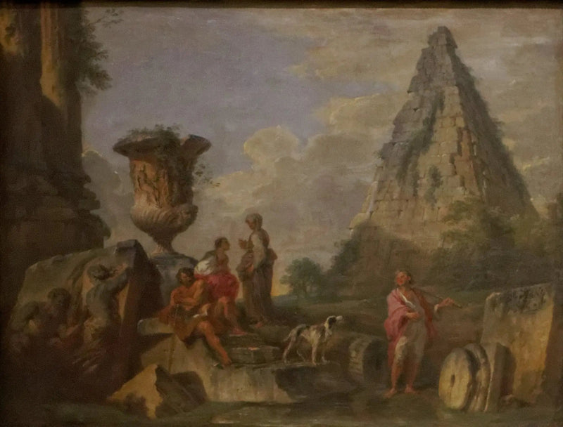 ruínas antigas com a pirâmide de Caio Céstio - Giovanni Paolo Panini
