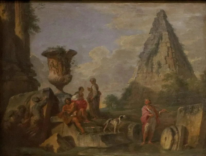 ruínas antigas com a pirâmide de Caio Céstio - Giovanni Paolo Panini