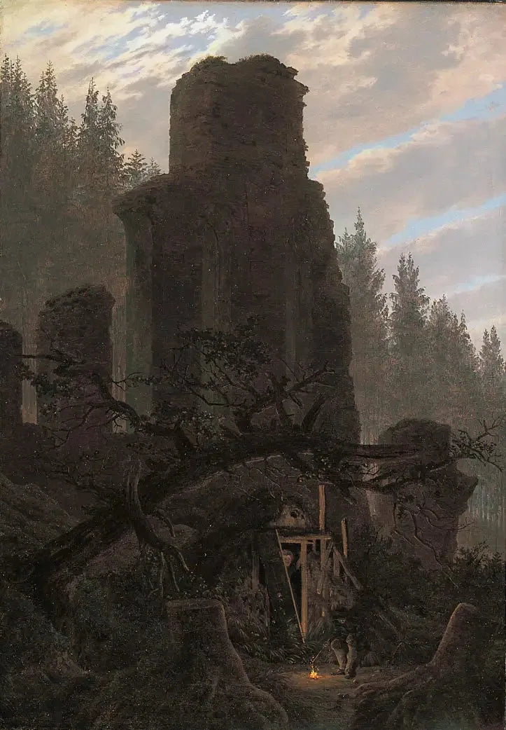 Ruínas ao crepúsculo (Ruína da igreja na floresta) - Caspar David Friedrich