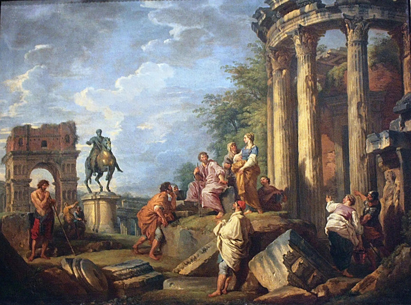 Ruínas de arquitetura com o arco de Jano, o templo de Vesta e a estátua equestre de Marco Aurélio - Giovanni Paolo Panini