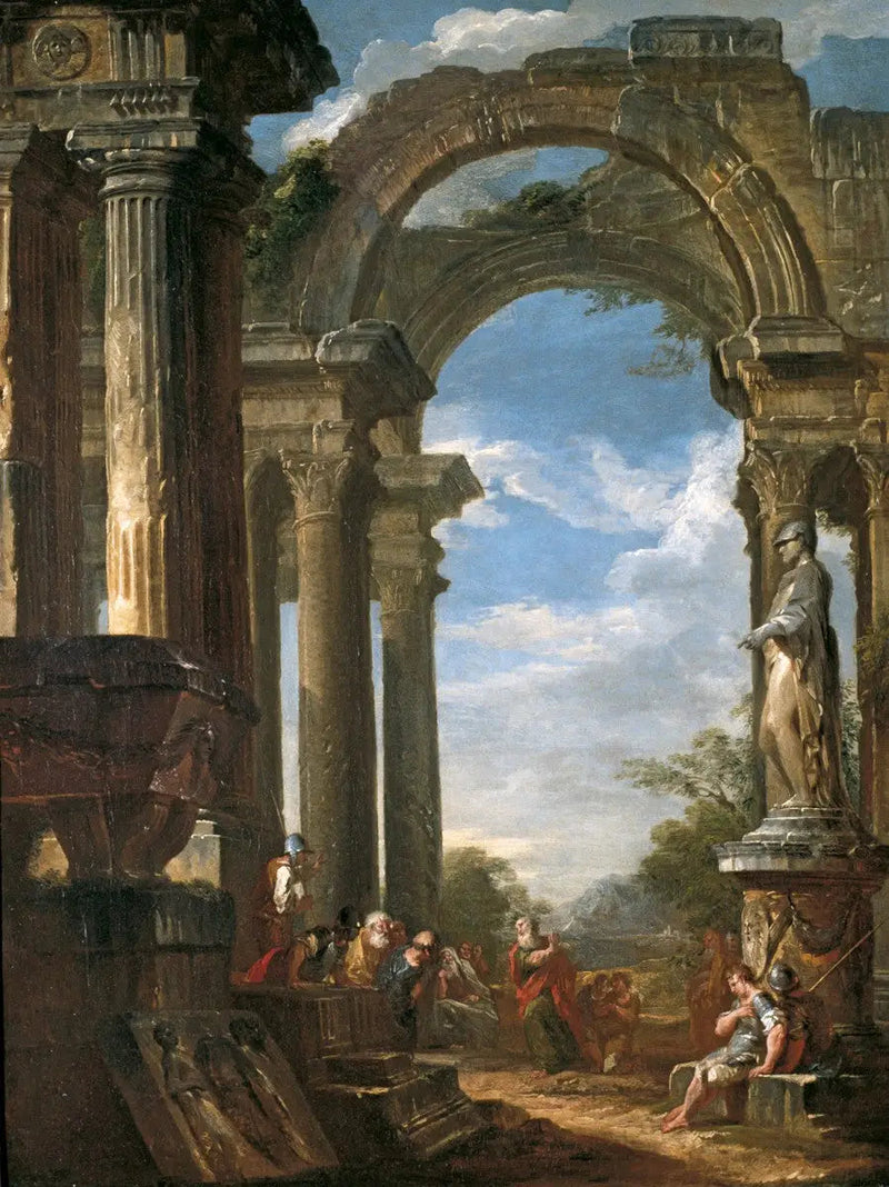 Ruínas de um templo com um apóstolo pregando - Giovanni Paolo Panini