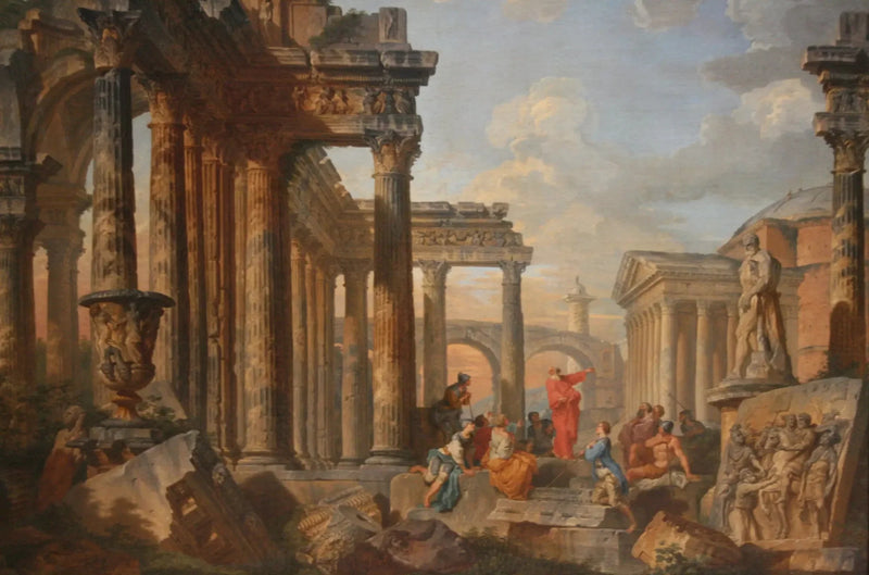 Ruínas romanas com um pregador - Giovanni Paolo Panini