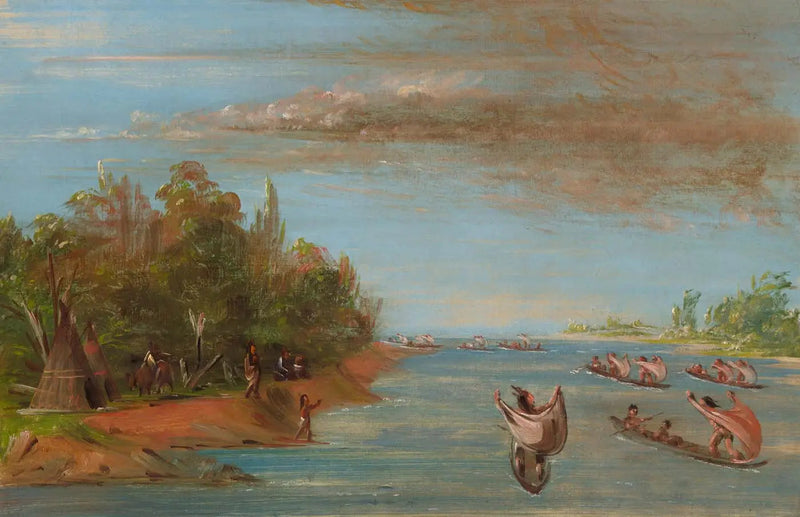 Sac e Fox navegando de canoa - George Catlin