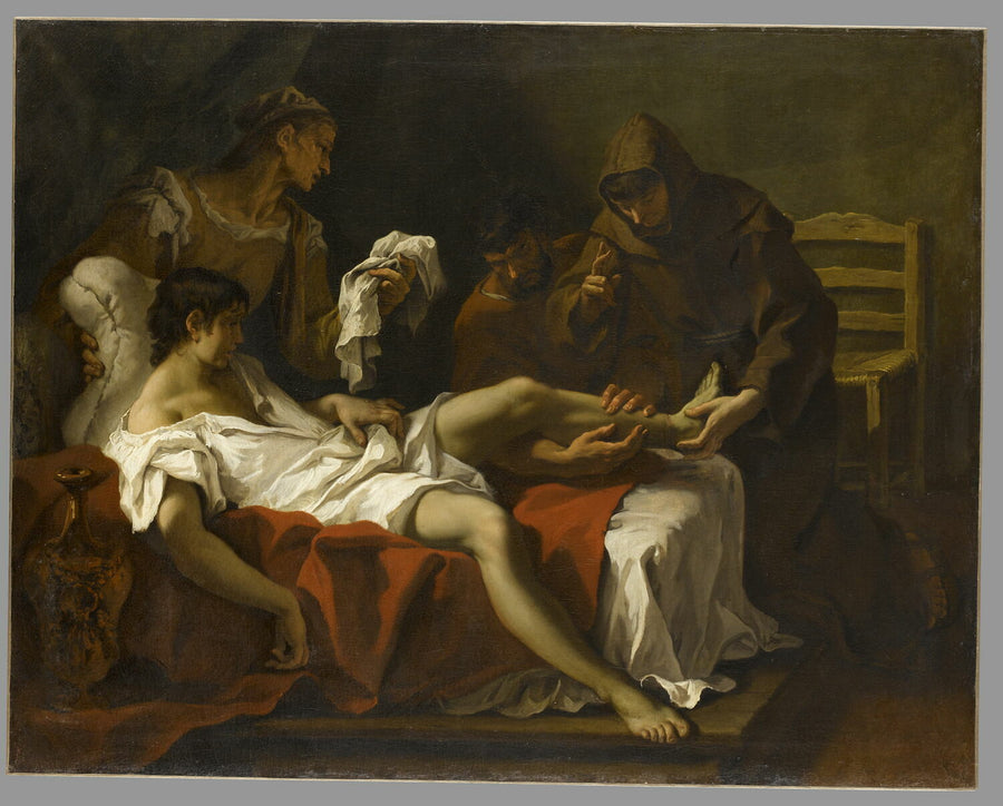 São Francisco de Assis curando um jovem que havia amputado o pé para se punir por ter batido na mãe - Sebastiano Ricci