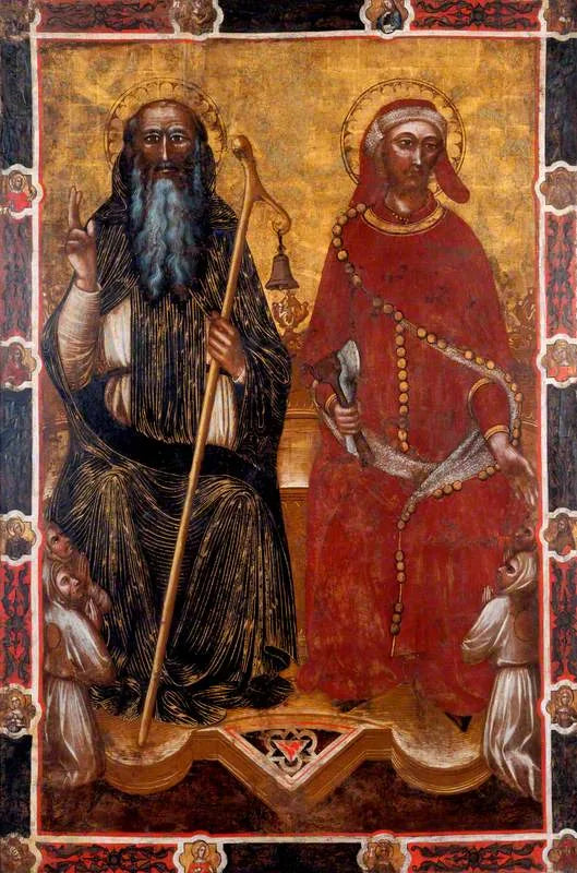 São Antônio do Abad e São Éloi com dois pares de fiéis ajoelhados (um lado de uma bandeira processional) (antigamente atribuído a Barnaba da Modena) - Spinello Aretino