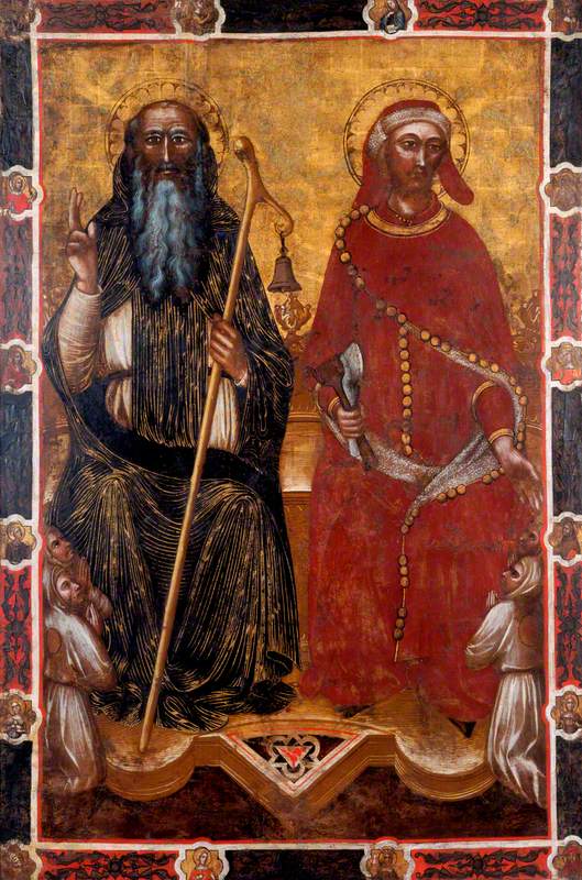 São Antônio do Abad e São Éloi com dois pares de fiéis ajoelhados (um lado de uma bandeira processional) (antigamente atribuído a Barnaba da Modena) - Spinello Aretino