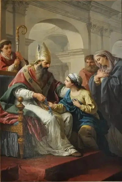 Saint Germain l'Auxerrois entregando uma medalha a Santa Genoveva - Louis Jean François Lagrenée