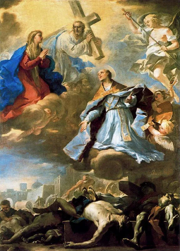 São Januário intercede junto à Virgem, ao Cristo e ao Pai Eterno pela peste. - Luca Giordano