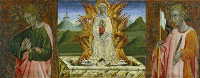 São João Evangelista, a Assunção da Virgem e Santo Ansano - Giovanni di Paolo