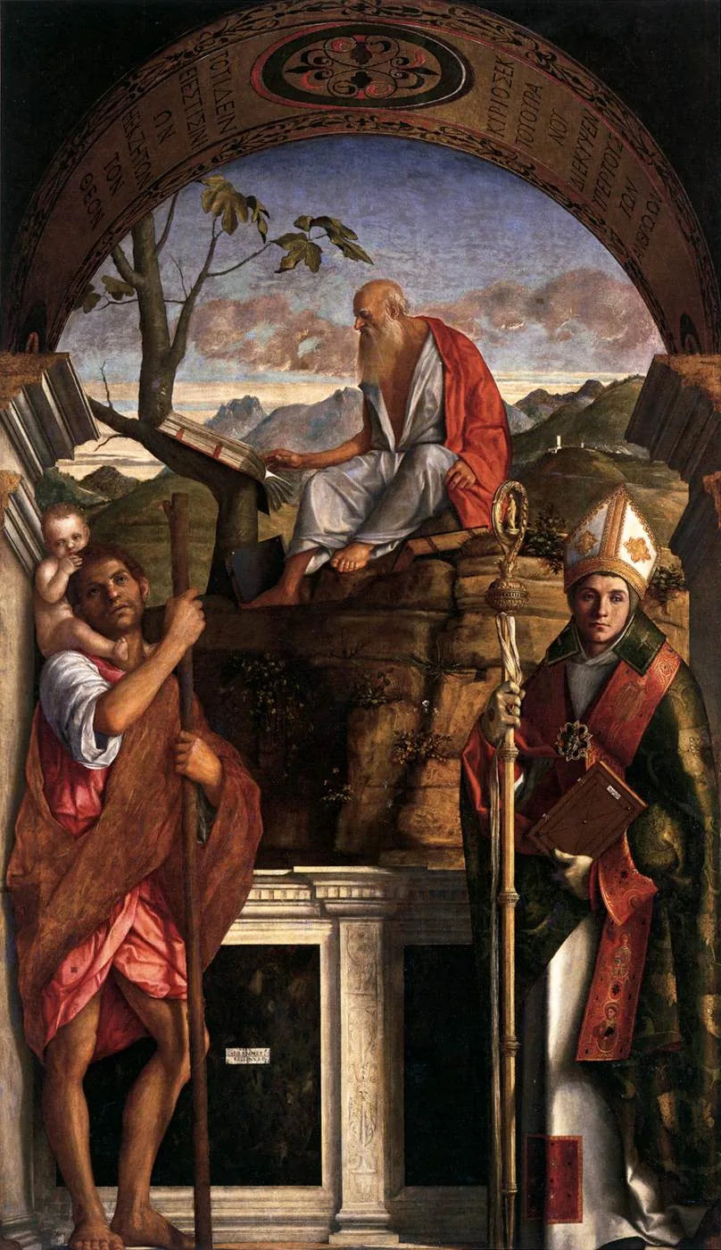 São Jerônimo lendo com São Cristóvão e São Luís de Toulouse - Giovanni Bellini