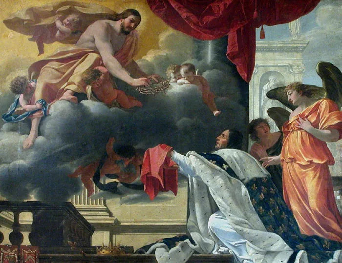 São Luís recebendo a coroa de espinhos das mãos do Cristo que lhe aparece - Simon Vouet