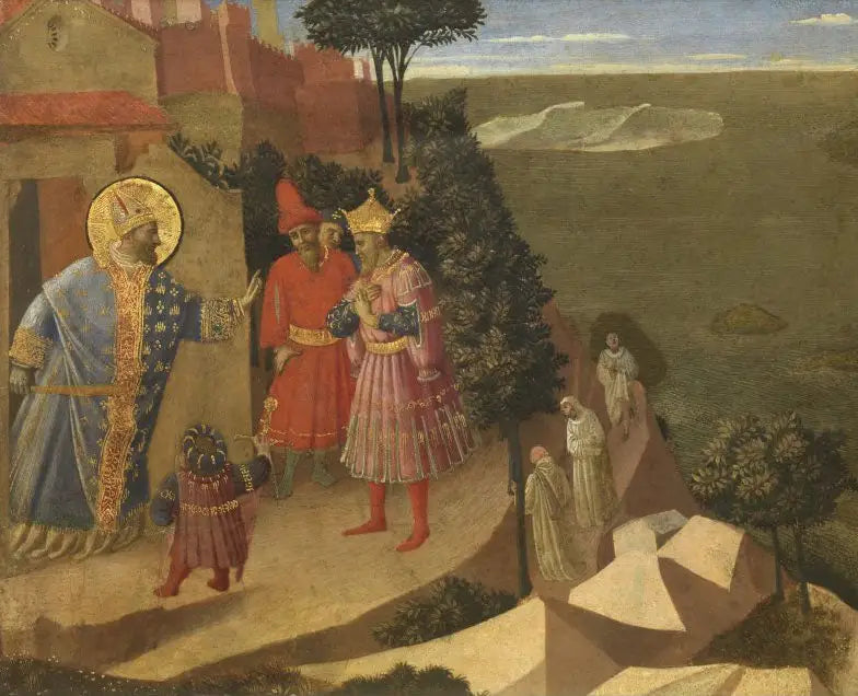 São Romualdo impede a entrada do convento ao imperador Otão III, trecho de um painel recortado que representa cenas da Tebaida - Fra Angelico