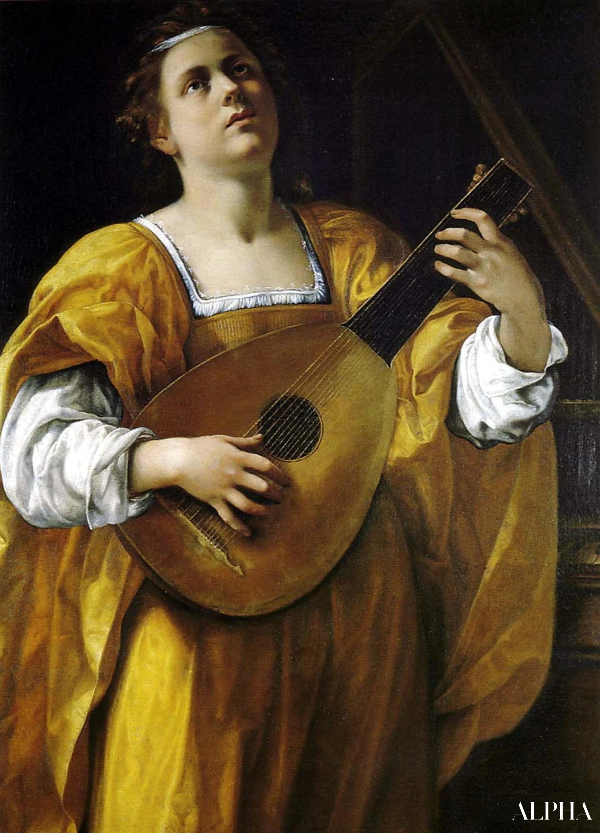 Reproduction du tableau « Sainte Cécile joue du luth - Artemisia Gentileschi » par Alpha Reproduction en peinture à l’huile