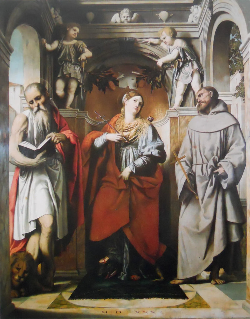 Santa Margarida d'Antioche com os santos Jerônimo e Francisco - Alessandro Bonvicino