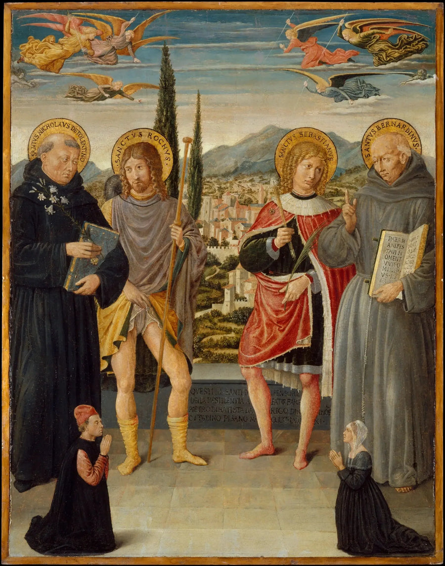 Santos Nicolau de Tolentino, Roch, Sebastião e Bernardino de Siena, com doadores ajoelhados - Benozzo Gozzoli