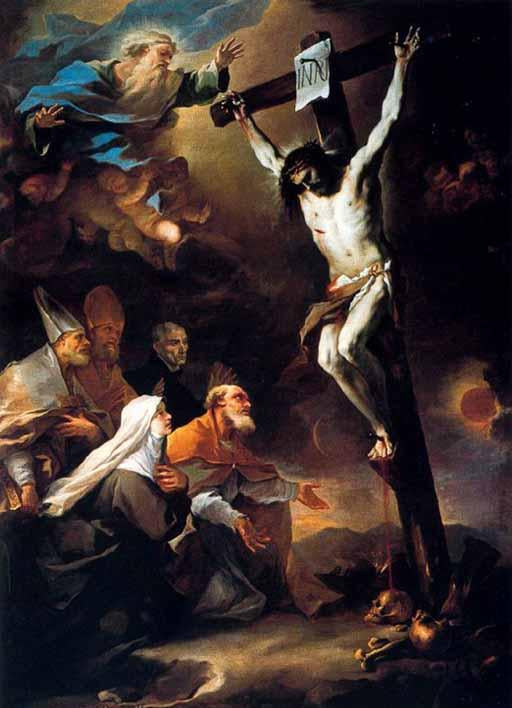 Santos padroeiros de Nápoles adorando o crucifixo - Luca Giordano