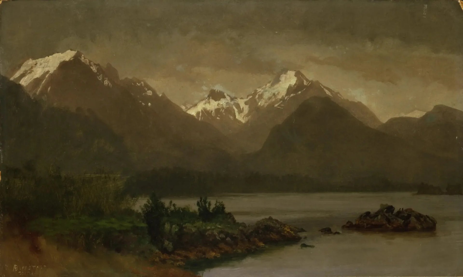 Sans titre (Montagnes et lac) - Albert Bierstadt image 1 tableau peint à l’huile sur toile