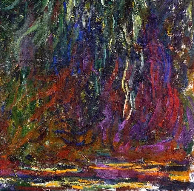 Détail des longues touches violettes et rouges du Saule pleureur W1942 de Claude Monet