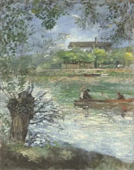 Salgueiros e personagens em uma barca - Pierre-Auguste Renoir