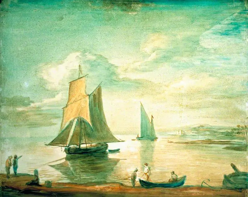 Cena costeira com barcos à vela e a remo e personagens na margem - Thomas Gainsborough
