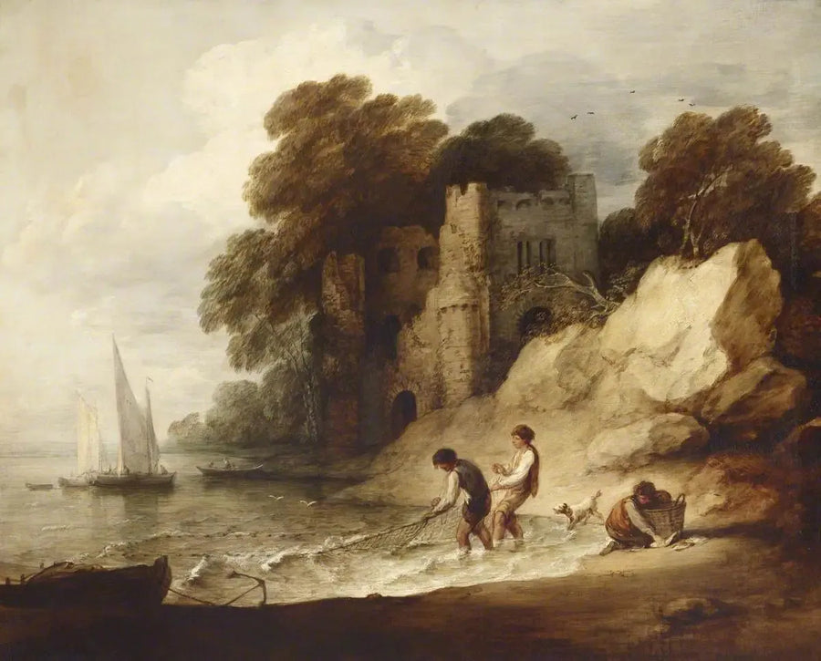 Cena costeira rochosa com castelo em ruínas, barcos e pescadores - Thomas Gainsborough