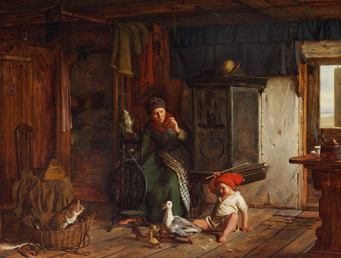 Cena em uma casa de pescador. Um menino ataca um pato. Papai precisa dormir. - Carl Heinrich Bloch