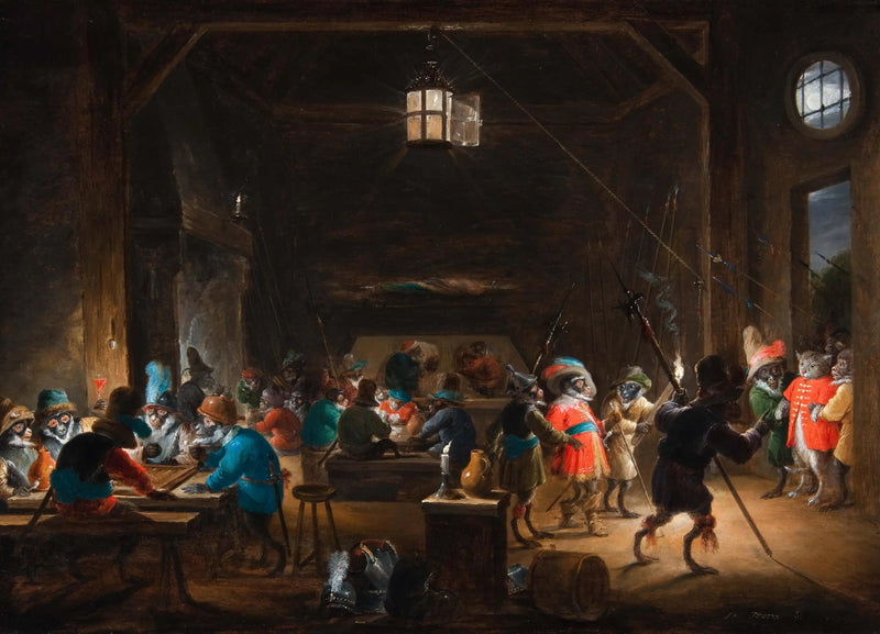 Cena de guarda com soldados macacos - David Teniers Júnior