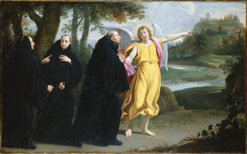 Cena da vida de São Bento: o anjo indicando a São Bento o local do mosteiro do Monte Cassino - Philippe de Champaigne