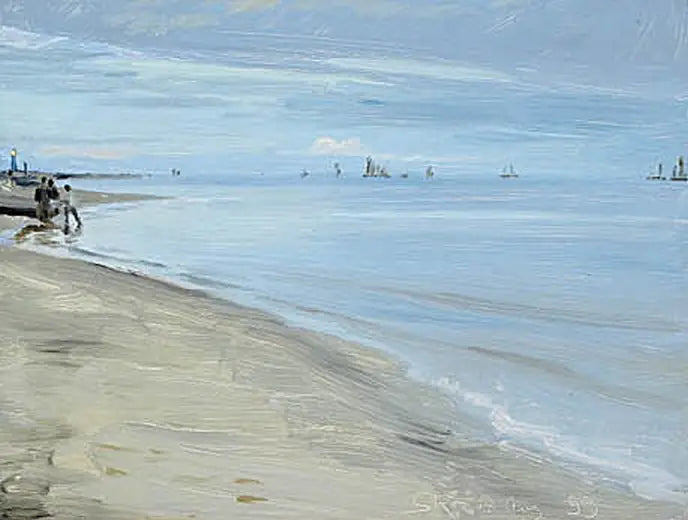 Cena de praia em Skagen. Pescadores em um barco. O farol está iluminado. - Peder Severin Krøyer