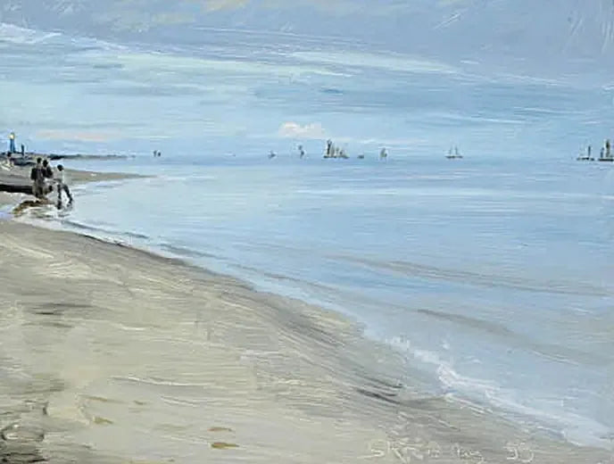 Cena de praia em Skagen. Pescadores em um barco. O farol está iluminado. - Peder Severin Krøyer