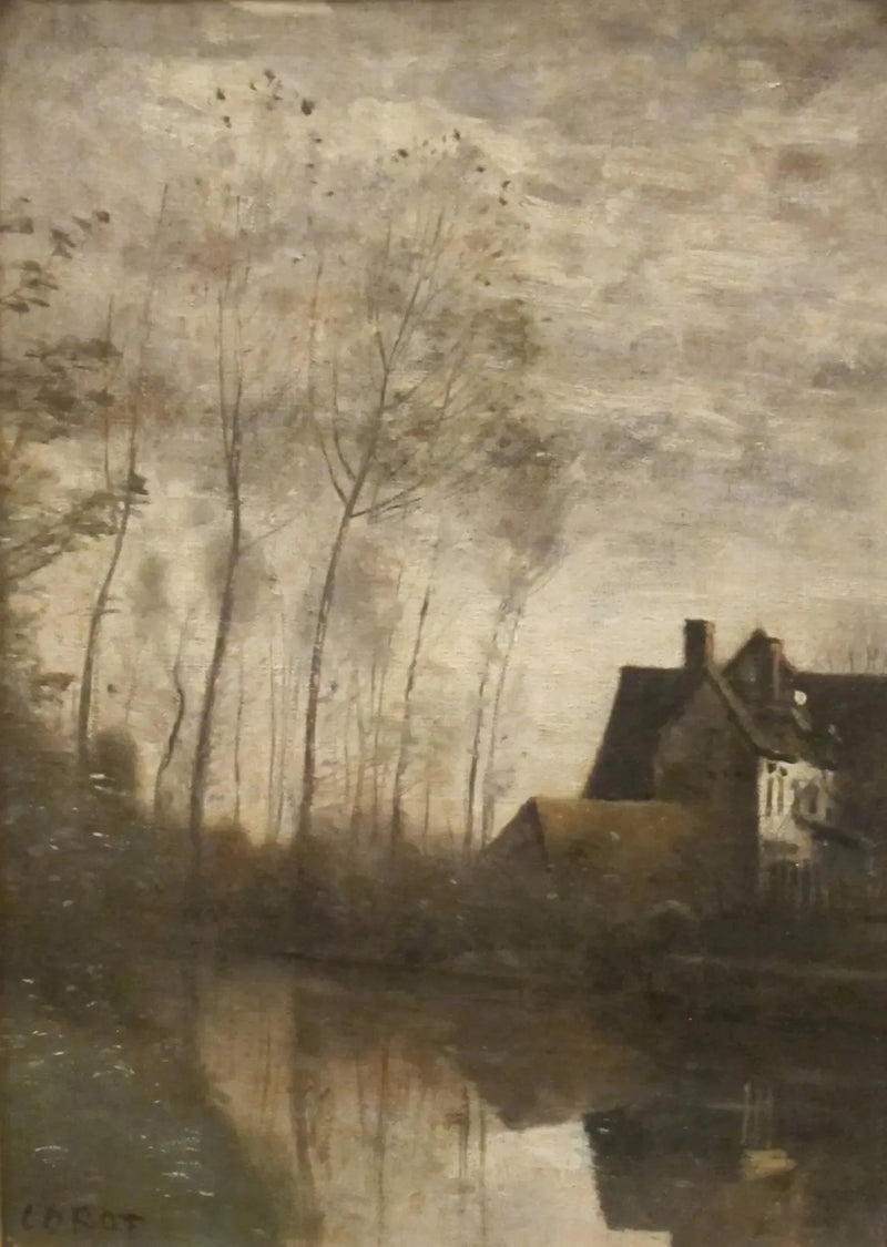 Cena de rio com casas e choupos - Jean-Baptiste Camille Corot