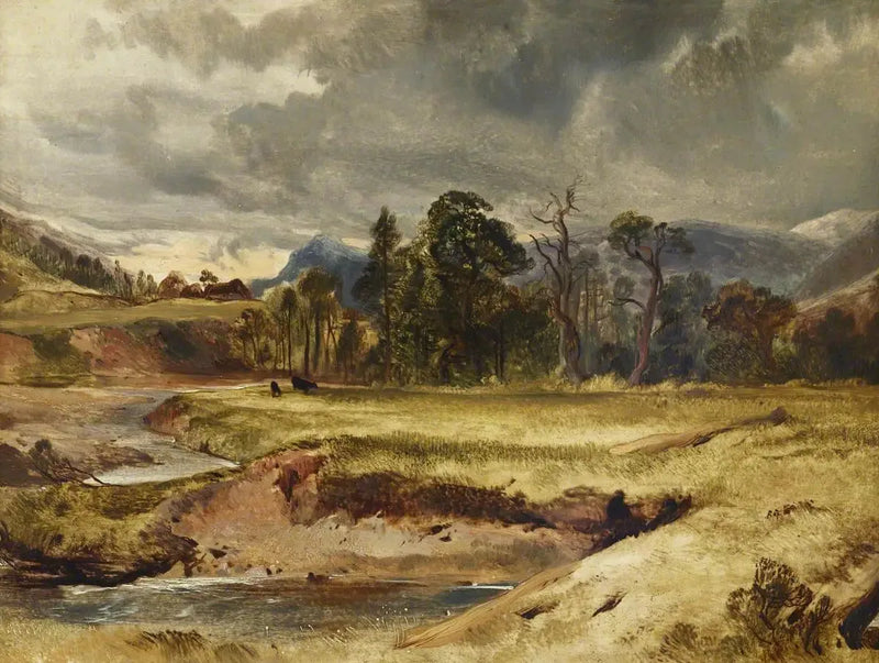 Cena de rio escocês com gado em um pasto - Edwin Henry Landseer